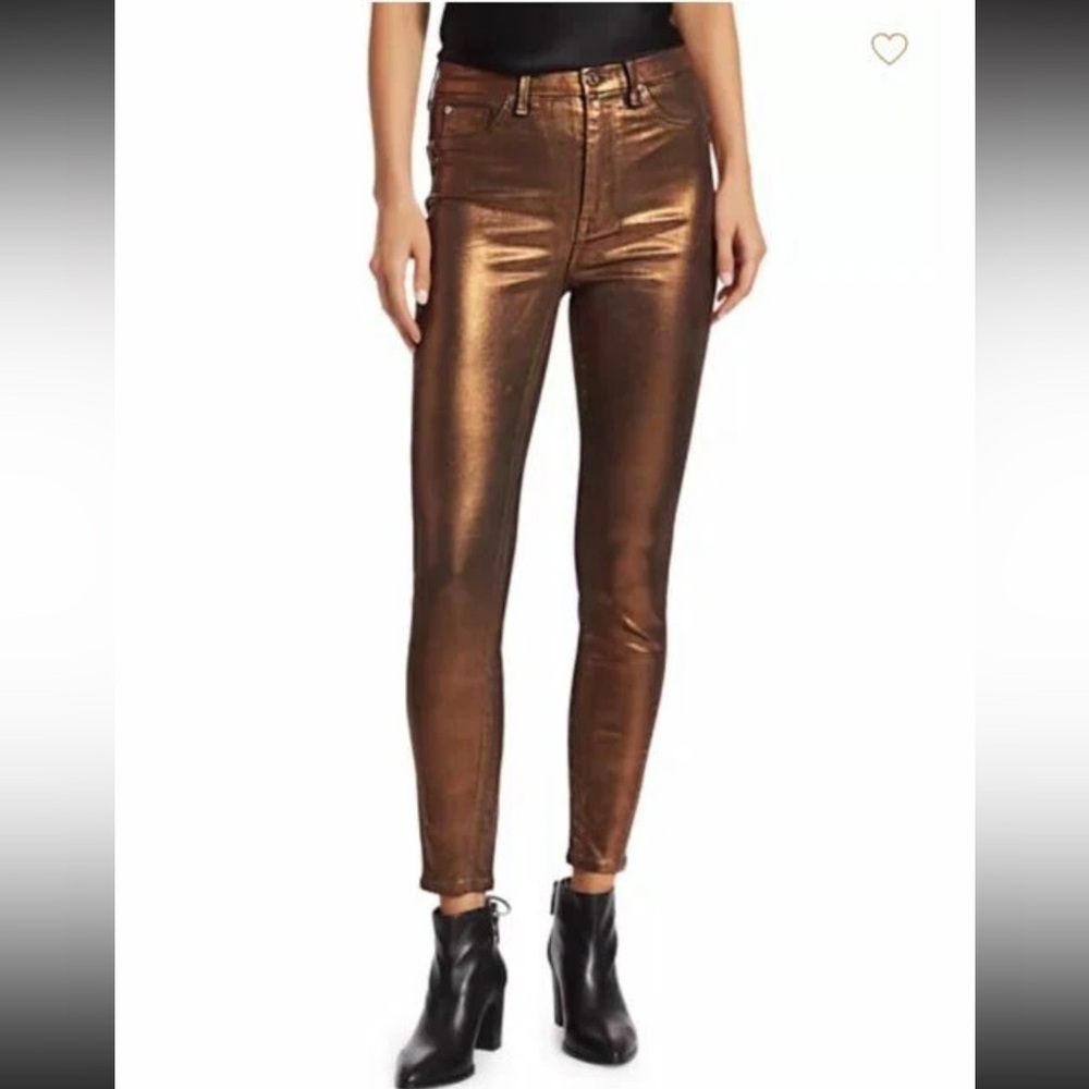 7 for All Mankind High Waist Ankle Skinny Bronze Metallic Coated Pants Size 27